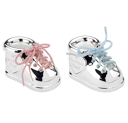 111 Silver plated shoe box with laces 2 colours - Boite 1ere meche 1ere dent